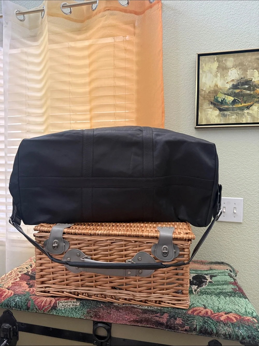 Vintage black leather travel duffle bag- soft leather